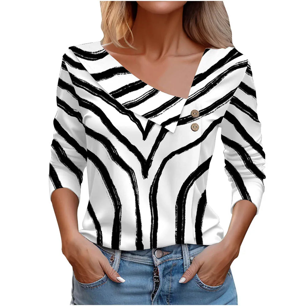 T Shirt For Women Fashion Long Sleeve Top White Floral Print Shirt