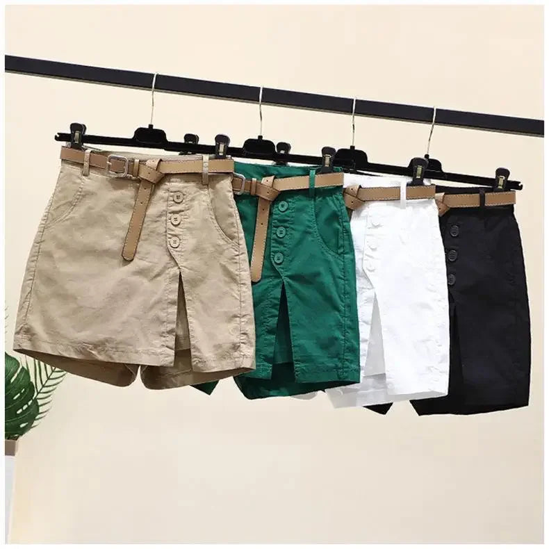 Cotton Shorts High Waist A- Line Skirt with Belt Pure Cotton Pants