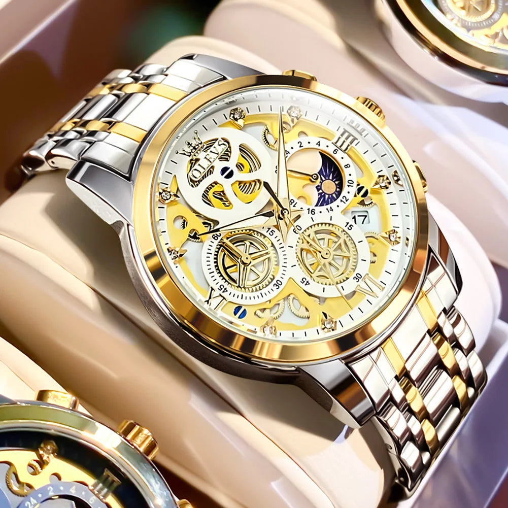 Top Brand Luxury Original Waterproof Quartz Watch for Man Gold Skeleton Style 24 Hour Day Night New