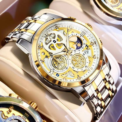 Top Brand Luxury Original Waterproof Quartz Watch for Man Gold Skeleton Style 24 Hour Day Night New