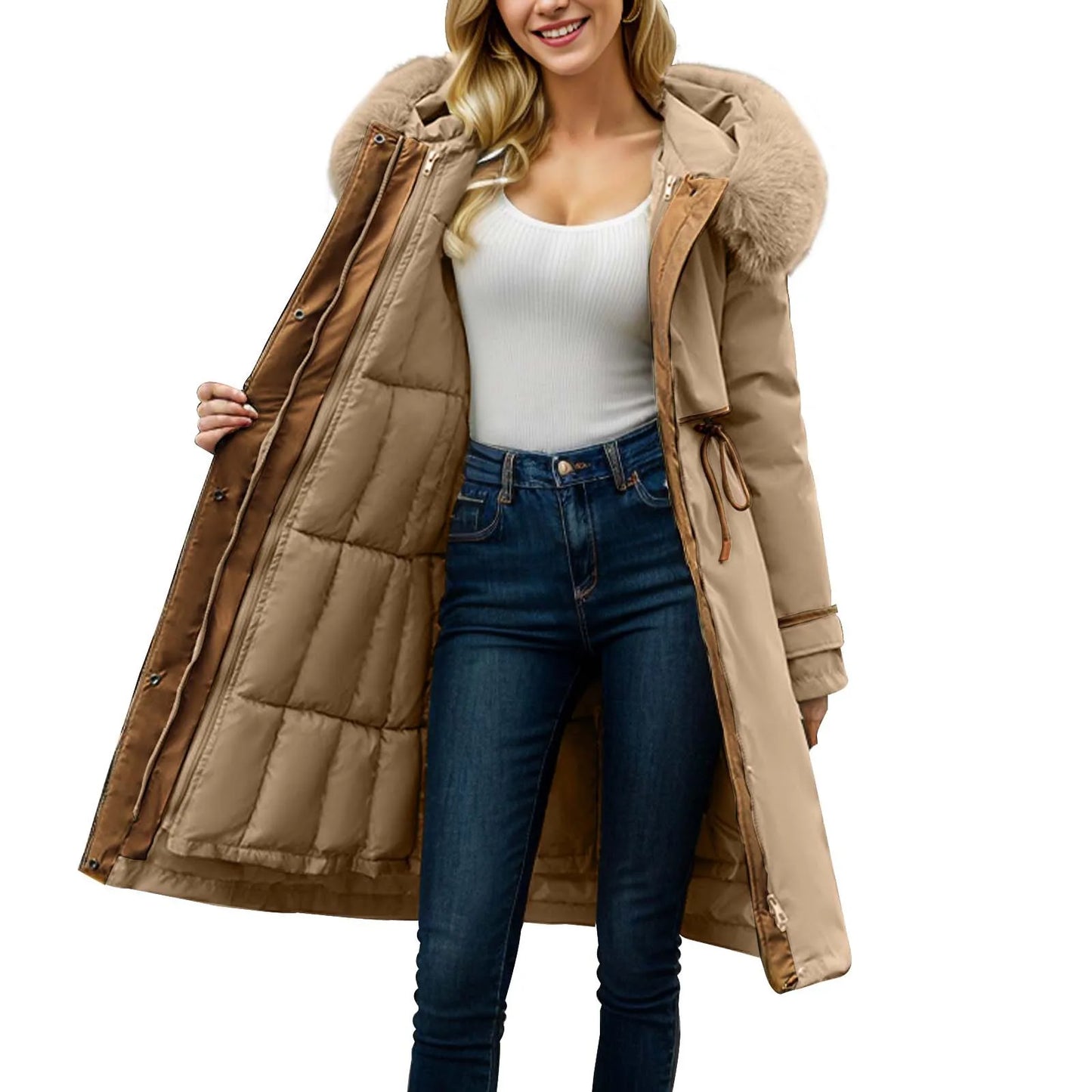 Women'S Winter Coat Parkas Detachable Patchwork Cotton Winter Long Hooded Thickened Cotton Coat