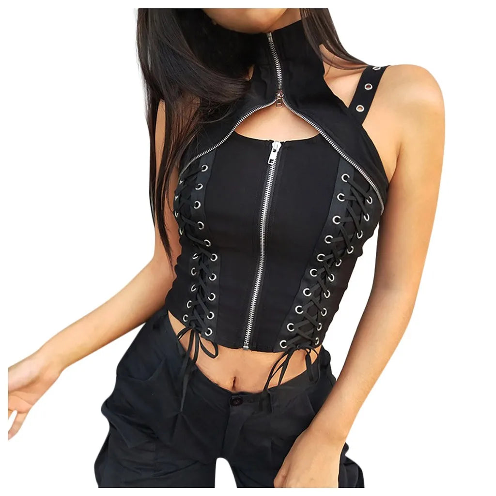 Lace Up Bandage Cropped TopCamisole Gothic Vest T-Shirt Hollow Out Zipper