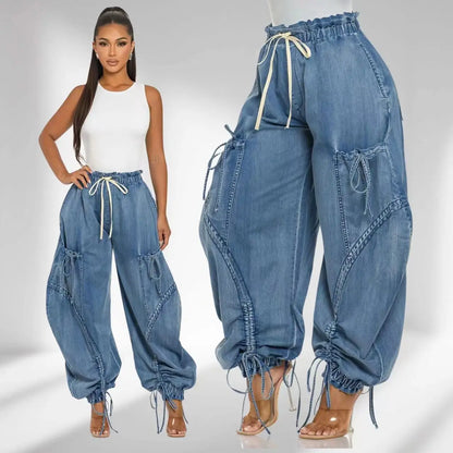 Lace Up Wide Leg Jeans Cargo Pants Women High Waist Elegant Streetwear Denim Loose Trousers