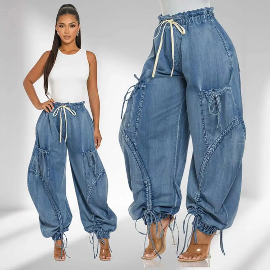 Lace Up Wide Leg Jeans Cargo Pants Women High Waist Elegant Streetwear Denim Loose Trousers