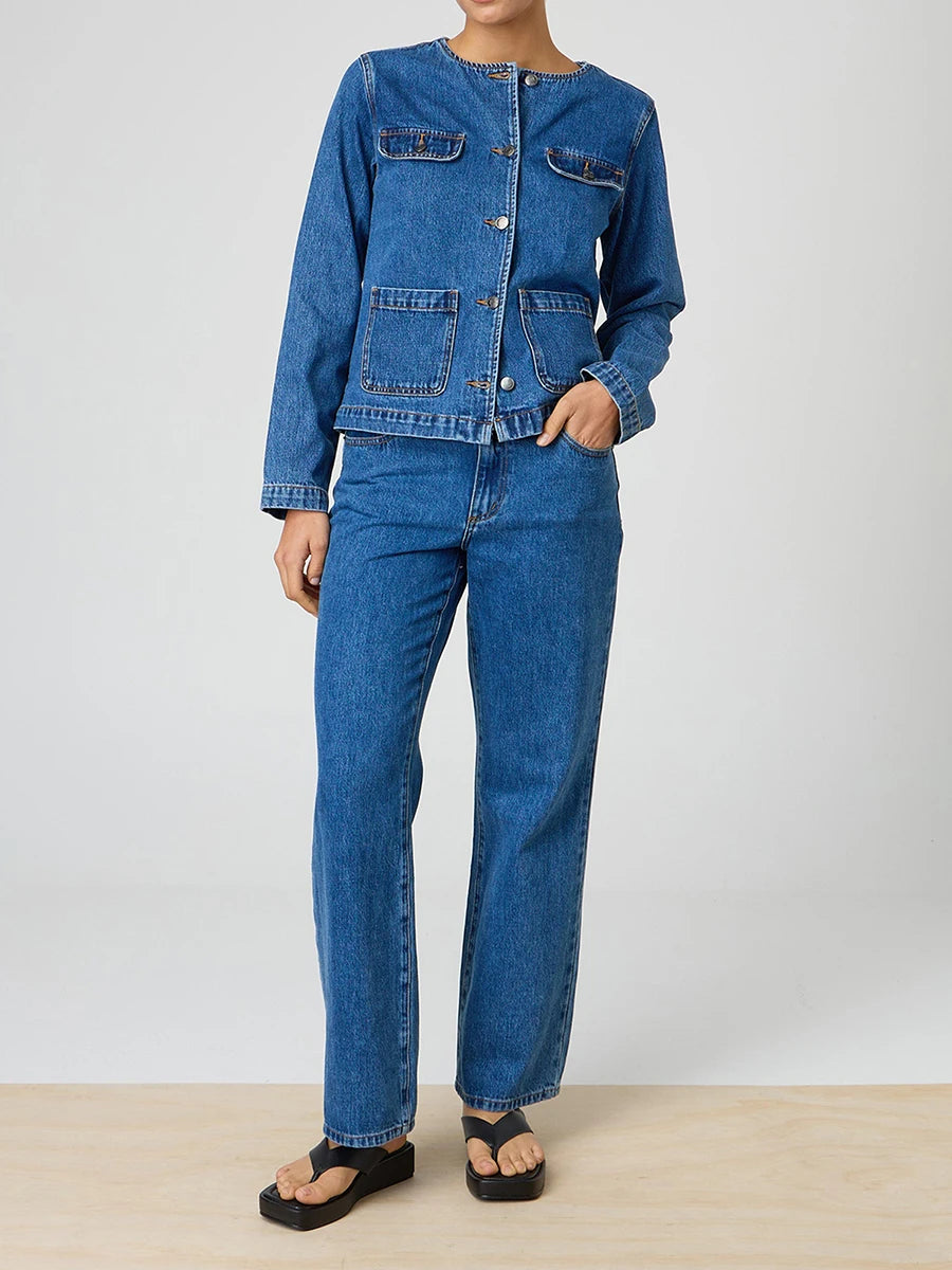 Ladies Classic Blue Denim Jacket with Round Neckline Long Sleeves and  Fit Button Down
