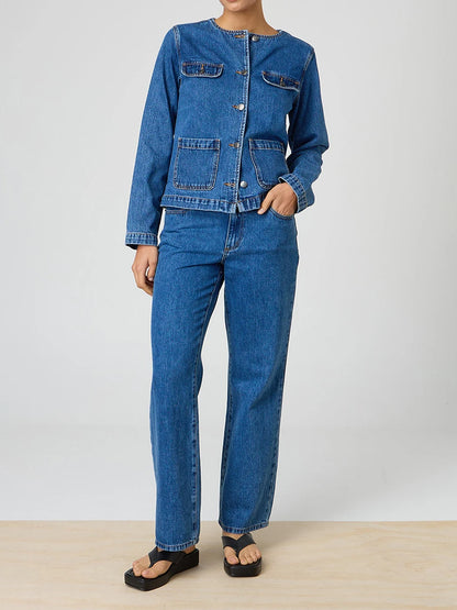 Ladies Classic Blue Denim Jacket with Round Neckline Long Sleeves and  Fit Button Down