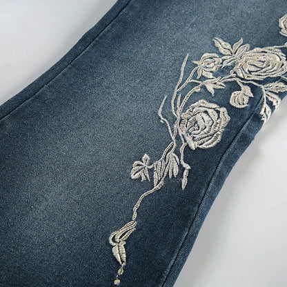 Woman's Flowers Embroidered Flared Denim Pants Slim Dragging Long Jeans
