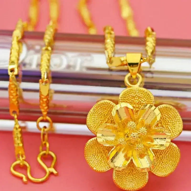24K Pure Gold AU999 Women's Necklace with Large 3D Flower Pendant Luxury High-Quality Jewelry for Ladies Boutique New Arrival