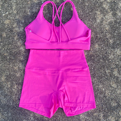 Solid Color Gym Bike Yoga Set Short Legging +Cross Sport Bra Tracksuit Athletic Women Gym Suit Comprehensive Training Jogging