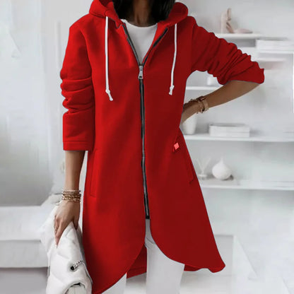 Autumn Women Long Hoodies Coat Zip Up Solid Hooded Casual Pockets Long Jackets