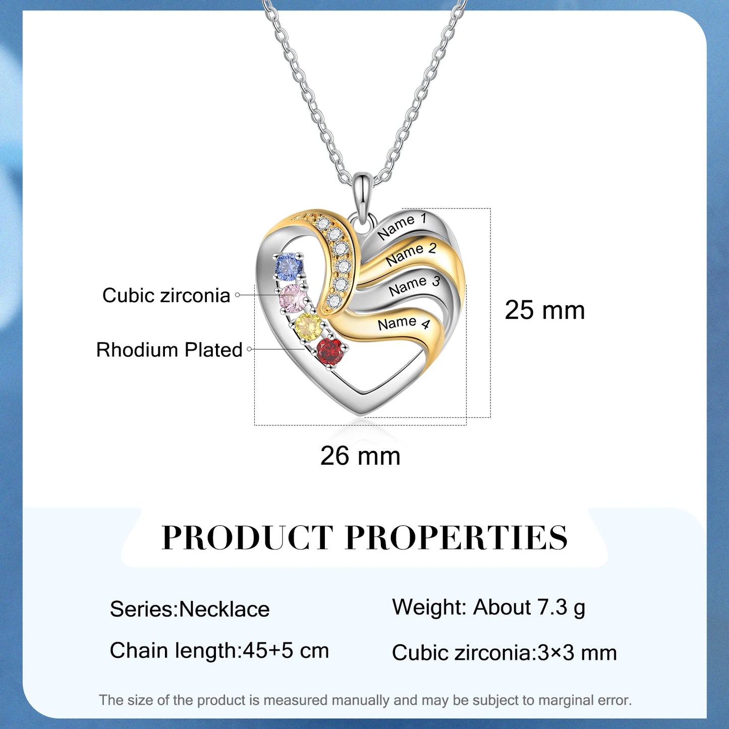 Personalized Love Heart Pendants Necklace 1-5 Kids Names Birthstone Mothers Day