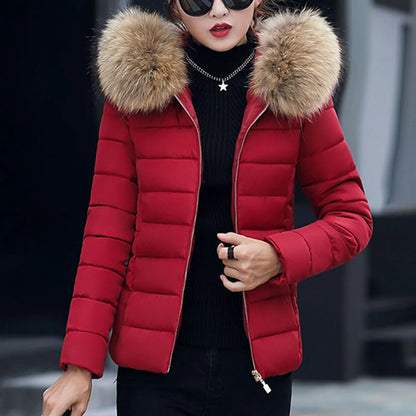 New Autumn Winter Jacket Womens Parkas Fur Collar Hooded Coats Casual Short Jacket Female Slim Cotton Padded Warm Outerwear