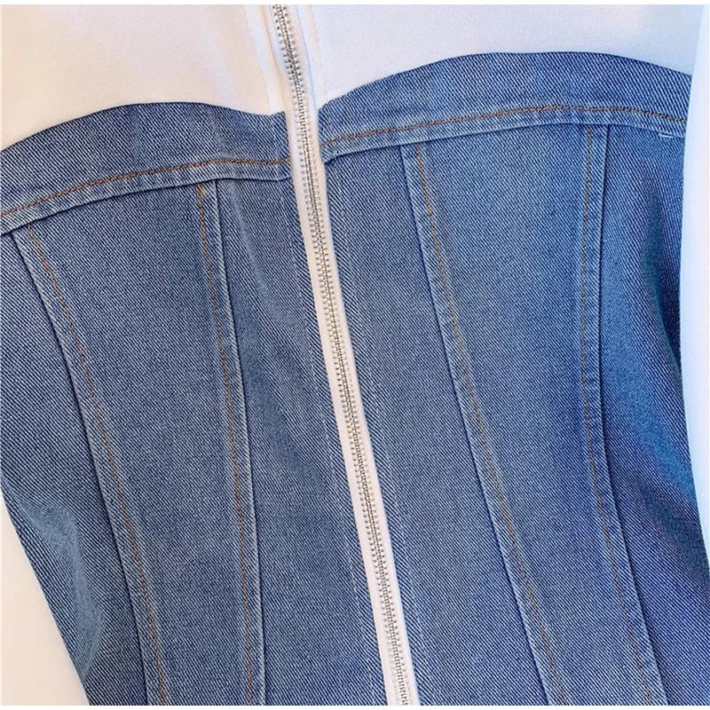 Women Preppy Style Patchwork Contrast Denim Sets Stand Collar Elastic Jeans 2 Piece Suit Streetwear Comfort