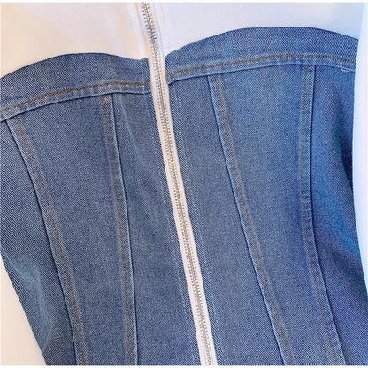 Women Preppy Style Patchwork Contrast Denim Sets Stand Collar Elastic Jeans 2 Piece Suit Streetwear Comfort