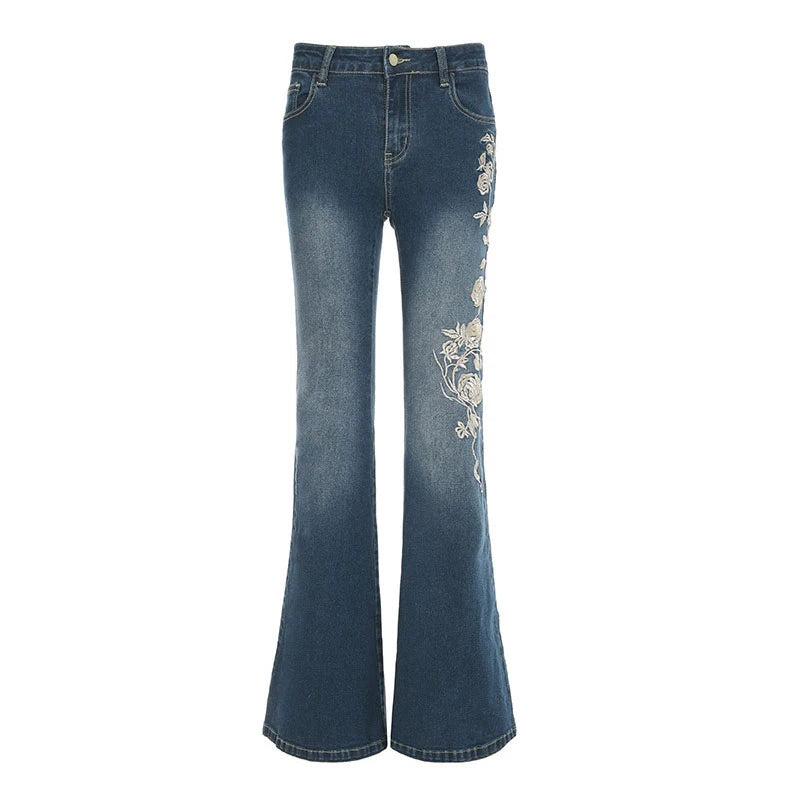 Woman's Flowers Embroidered Flared Denim Pants Slim Dragging Long Jeans