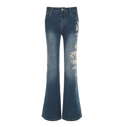 Woman's Flowers Embroidered Flared Denim Pants Slim Dragging Long Jeans