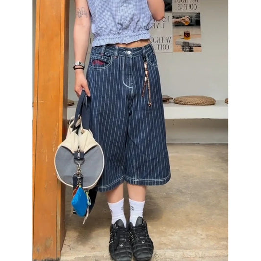 Women's Light Blue Calf Length Cargo Jeans Harajuku Y2k Baggy Denim Trousers Japanese 2000s Oversize Jean Pants Vintage Clothes