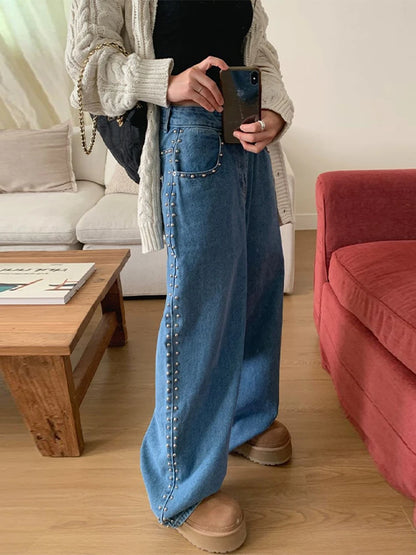 Metal Rivet Wide Leg Jeans Trousers Baggy Low Rise Pockets Denim