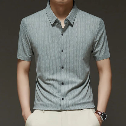 Men's Slim Fit Short Sleeve Dress Shirt Premium Spandex Stretch Fabric Solid Colors Business Casual