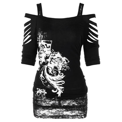 Gothic Women Off Shoulder Blouse Top Lace Hollow Out Ripped Sling