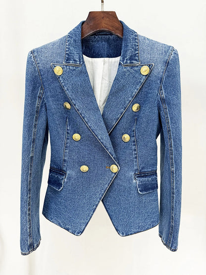 Women'S Double Breasted Slim Fit Denim Blazer Long Sleeve Jean Jacket High Waisted Pencil Mini Skirt Set