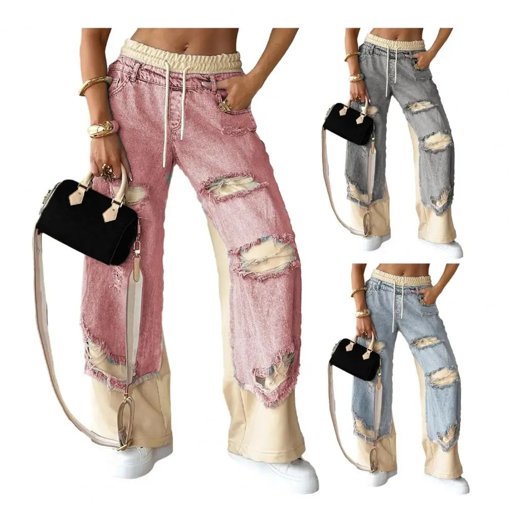 Women's Large Hole Patchwork Jeans High Waist Wide Legs Casual Bottoms Denim