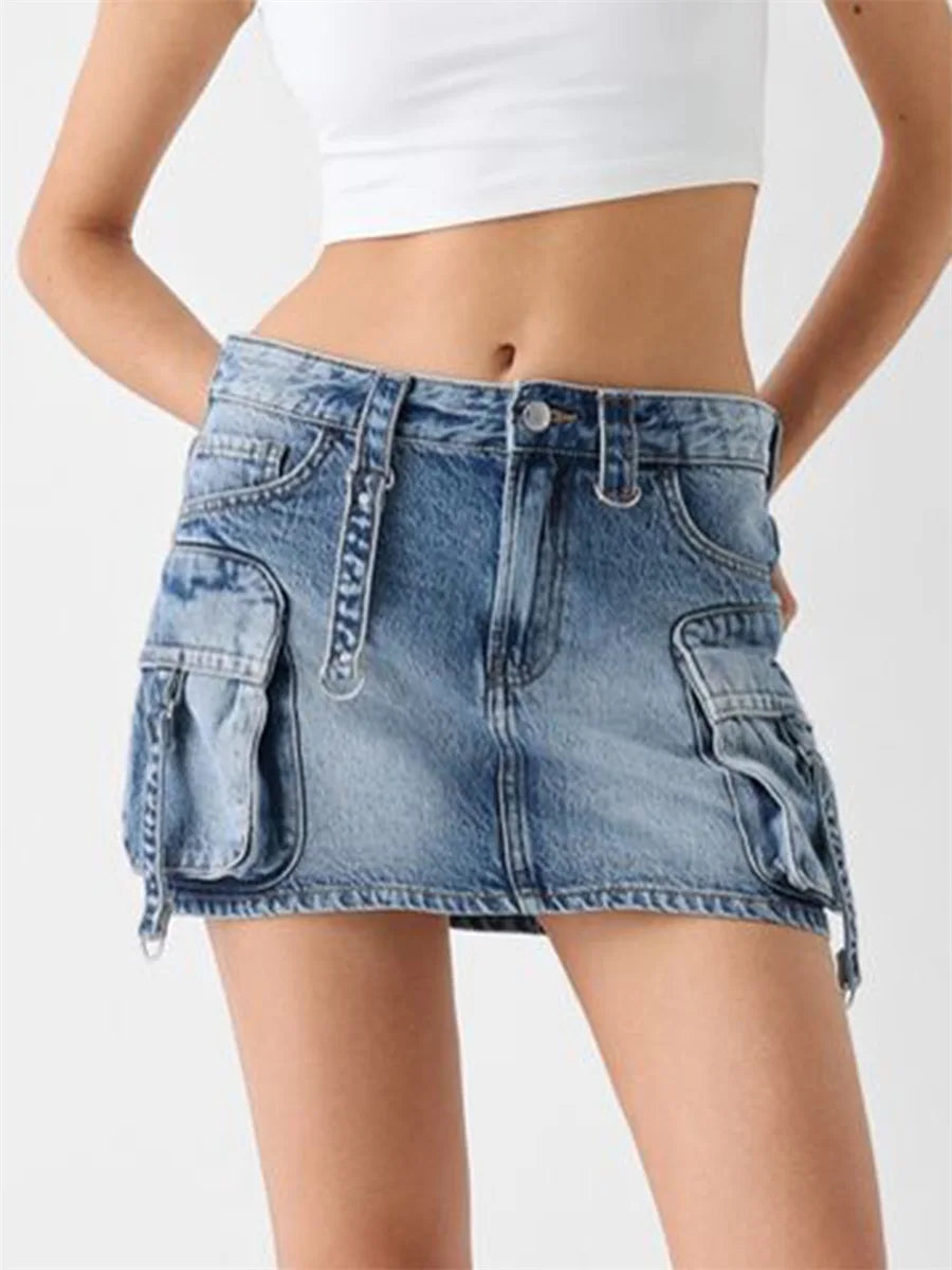 Women s High Waisted Denim Cargo Skirts with Side Pockets and Belt Loops Stylish A-line Mini Skirts for Casual Streetwear