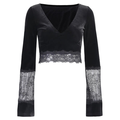 Gothic Lace Shirts Hollow Flare Long Sleeve V Neck Black Tops Retro Shirt