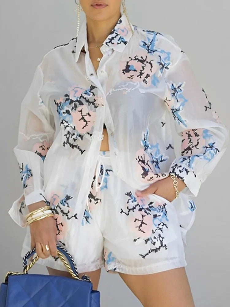 Women Floral Printed See-Through Lapel Blouse Long Sleeves Loose Vacation Beach Shirts Tops