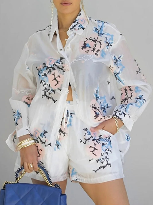 Women Floral Printed See-Through Lapel Blouse Long Sleeves Loose Vacation Beach Shirts Tops