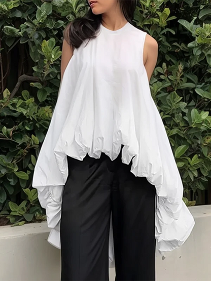 Women's High-Low Loose Pleated Round-Neck Vest Tops Sleeveless Casual Simple White Cotton T-shirts