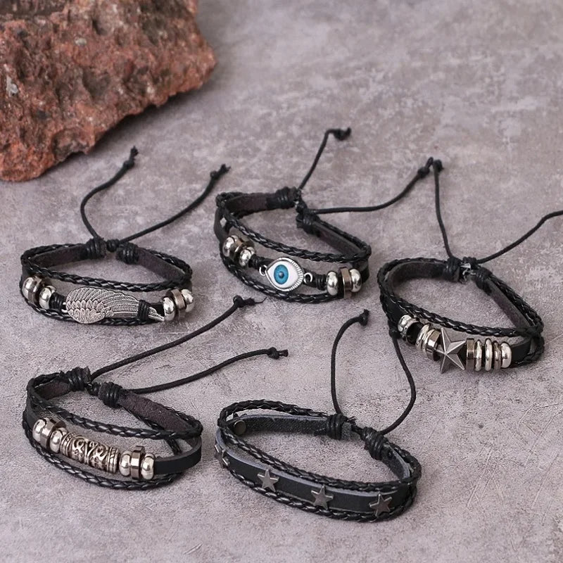 Punk Multilayer Antique Leather Bracelet Set Skull Eye Star Charms Hiphop Rock Y2K Vintage Pu Gothic Wristband Man Goth Jewelry