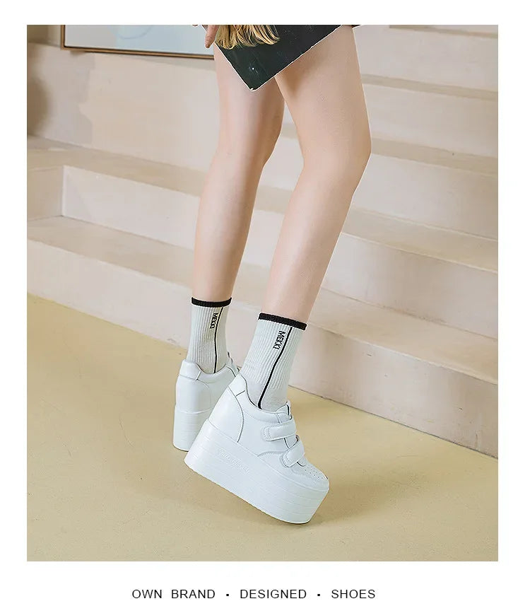 High quality 12cm Synthetic Genuine Leather Boot Ankle Platform Wedge High Brand Chunky Sneaker Shoes