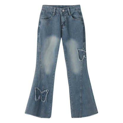 Y2k High Street Flare Jeans Retro Punk High Waist Wide Frayed Butterfly Low Rise