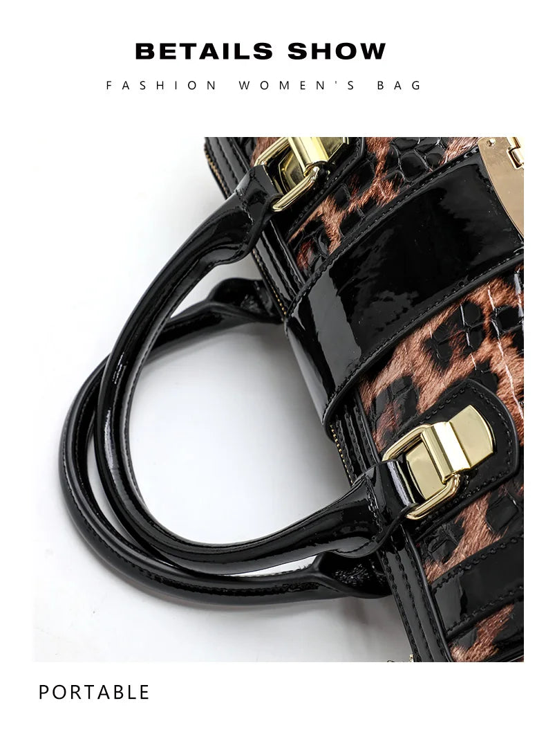 Leopard Handbag Leather Women's Bag Large Capacity Boston Bag Fashion Versatile Cowhide One Shoulder Crossbody Bag