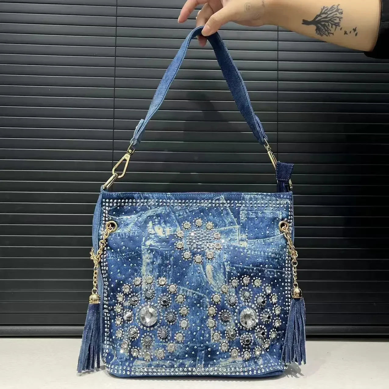 Gradient Diamond Elegant Shoulder Bag Large Capacity Diamond Denim Handbag