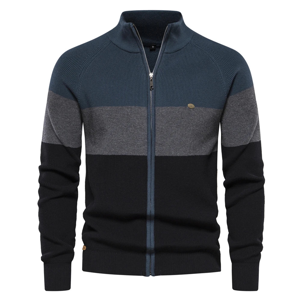 Patchwork Color Sweater for Men Zipper Cardigans High Quality Cotton Sweater