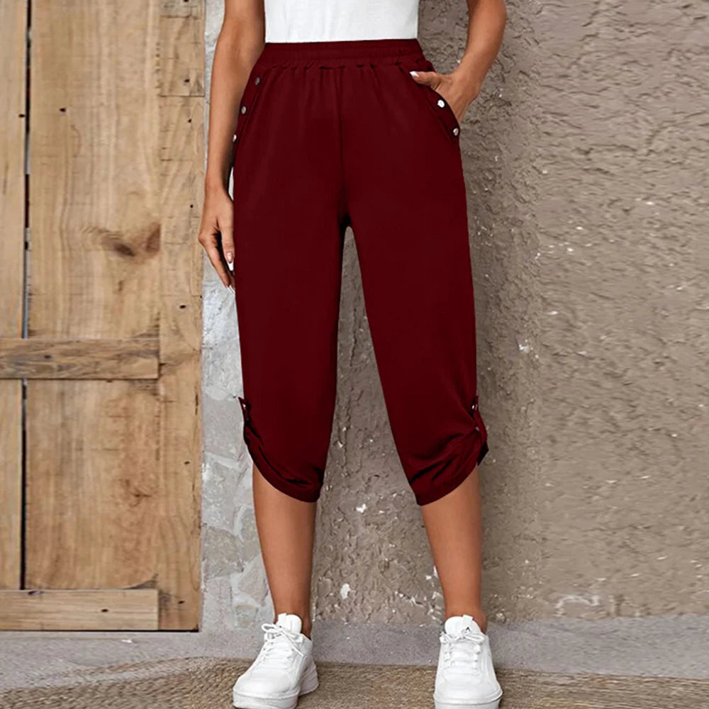 Women Elastic Waist Casual Trousers Bottom Elegant Office Lady Loose Cropped Pants