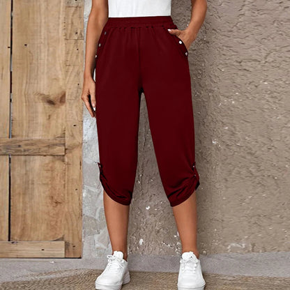 Women Elastic Waist Casual Trousers Bottom Elegant Office Lady Loose Cropped Pants