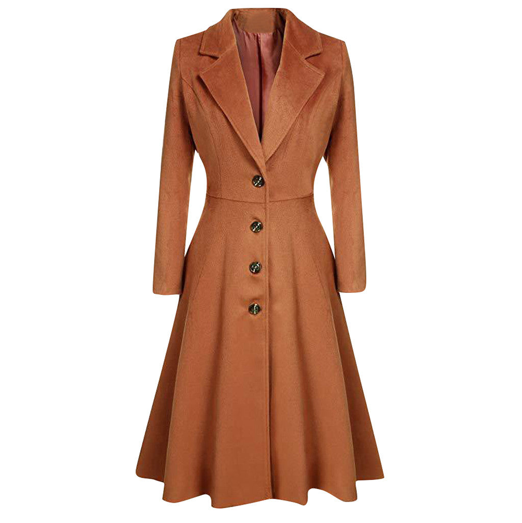 Lapel Button Long Trench Coat Windbreak Overcoat Women Jacket