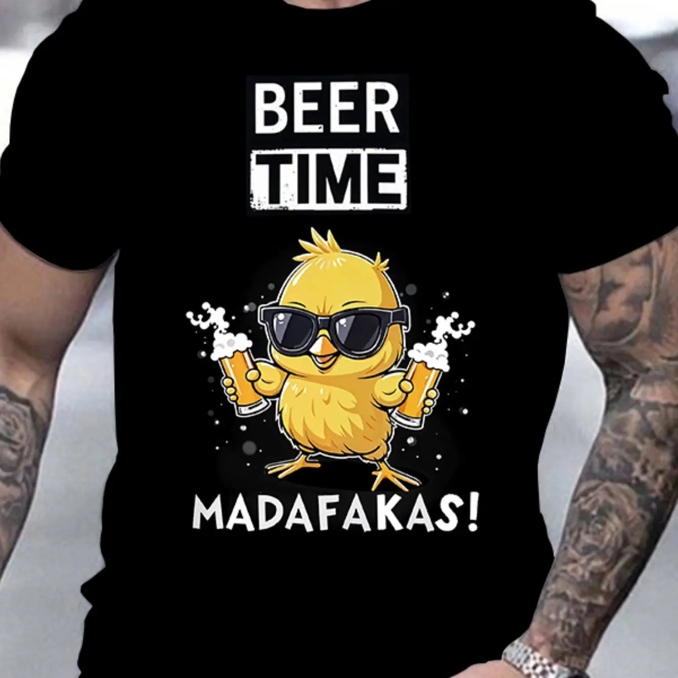 Men's Funny Beer Drinking Chicken Graphic T-Shirt - Black with White Print & "BEER TIME" Slogan, Casual Round Neck Short