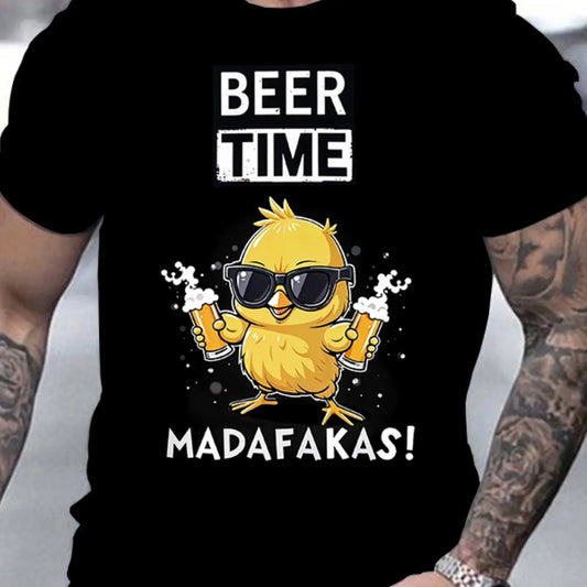 Men's Funny Beer Drinking Chicken Graphic T-Shirt - Black with White Print & "BEER TIME" Slogan, Casual Round Neck Short