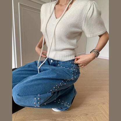 Metal Rivet Wide Leg Jeans Trousers Baggy Low Rise Pockets Denim