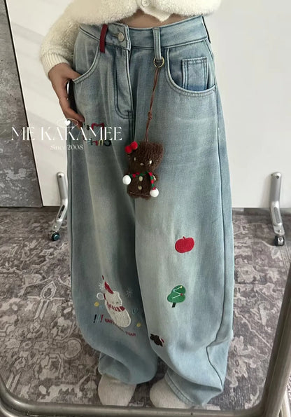 Women's Blue Casual Denim Pants Y2K Harajuku High Street Aesthetic Fashion 2000S Style Retro Wide Leg Jeans Clothing 2026 Mew