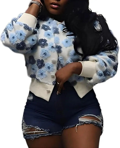 Wool Coats for Women Floral Puff Sleeve Embroidered Printing Short Fall Winter Jacket