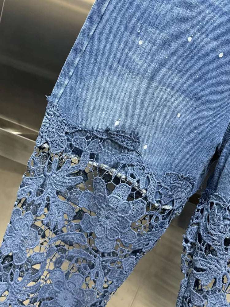 VGH Casual Hollow Out Spliced Lace Solid Jeans For Women High Waist Patchwork Pockets Minimalist Loose Wide Leg Pants Female New blue / XXXL blue / XXL blue / XL blue / XXXL-blue / XXL-blue / XL-blue / L-blue / M-blue / S-