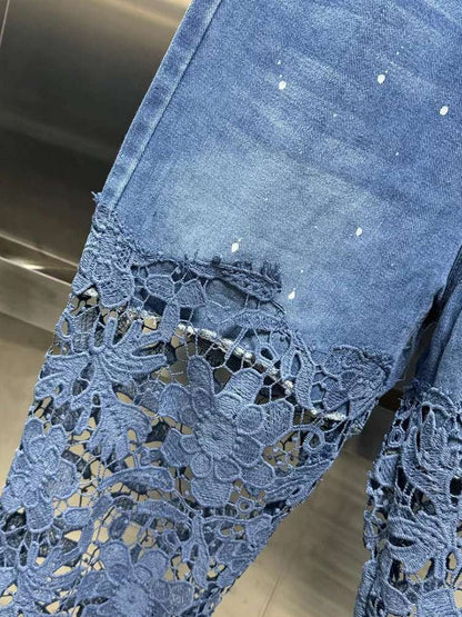 VGH Casual Hollow Out Spliced Lace Solid Jeans For Women High Waist Patchwork Pockets Minimalist Loose Wide Leg Pants Female New blue / XXXL blue / XXL blue / XL blue / XXXL-blue / XXL-blue / XL-blue / L-blue / M-blue / S-