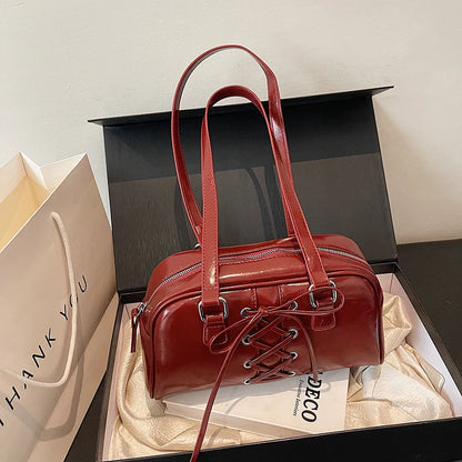 Shoulder Bag for Women Solid Color Boston Tote Bag PU Leather Bowling Handbag Hobo Bag for Work Travel