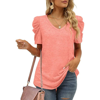 Women's Casual Summer Top Puff Short Sleeve Tee Shirt Cotton Pullover Blouse V-neck Solid Color Loose