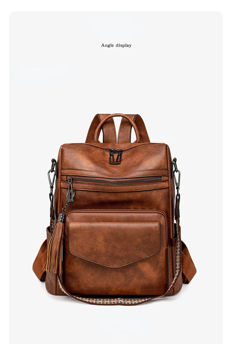 Backpack for Women Large Womens Backpack Leather Purse Designer Ladies Shoulder Bags with Tassel Two-toned Brown